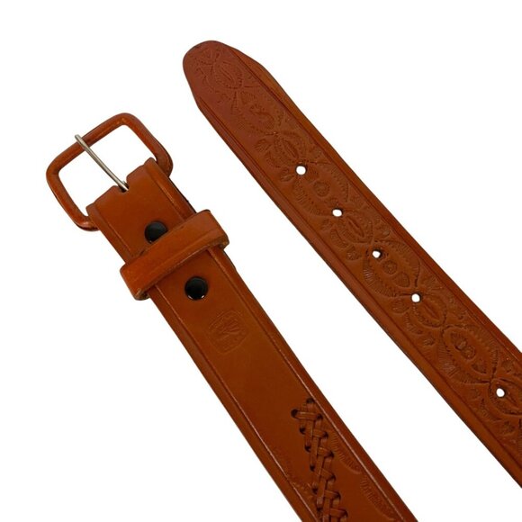 Tooled Leather Belt With Braided Detail & Embossed Design Size 36 Made in Mexico - Picture 2 of 6